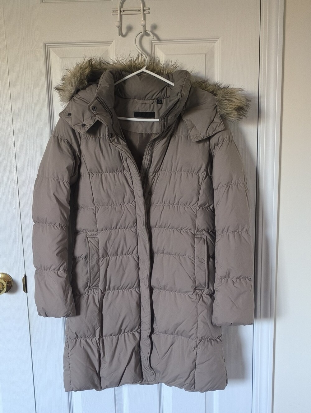 Uniqlo Taupe Long Puffer Coat with Faux-Fur Trimmed Hood